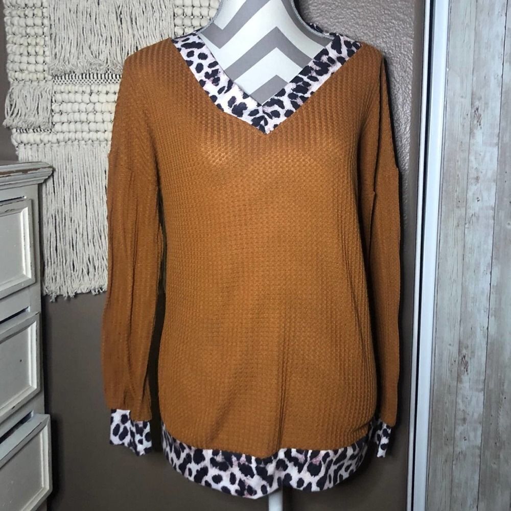 Orange Waffle Knit Leopard Trim Long Sleeve Top